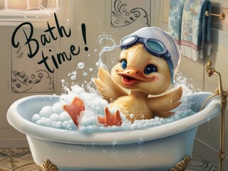 Adorable duckling enjoying a bubble bath in a vintage tub with goggles and cap, featuring playful text bath time! perfect for children's decor and greeting cards.