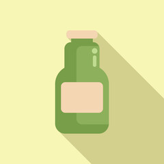 Minimalist flat design graphic depicting a green bottle with a label, suitable for healthcare themes