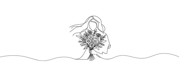 Continuous one line drawing of a girl holding a bouquet of flowers. Vector graphic illustration of a single line drawing.