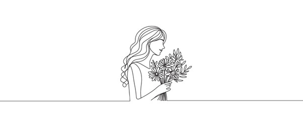 Naklejka premium Continuous one line drawing of a girl holding a bouquet of flowers. Vector graphic illustration of a single line drawing.