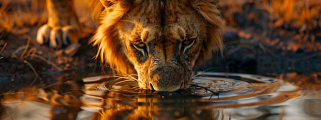 lion drinking water in the African savannah