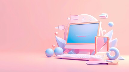 A whimsical 3D illustration of a pastel colored workspace with a retro computer setup