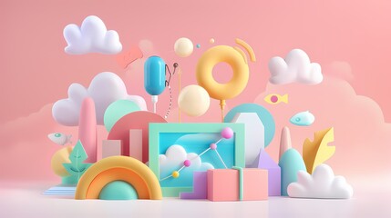 A whimsical 3D pastel abstract composition with playful shapes and clouds