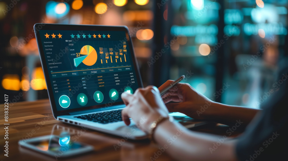 Poster business professional analyzing financial data on a laptop with graphical dashboard display in a caf