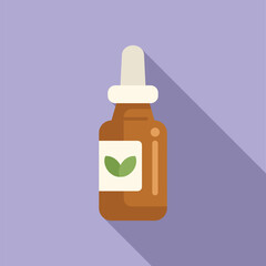 Flat vector design of a brown dropper bottle with a green leaf label, casting a slight shadow