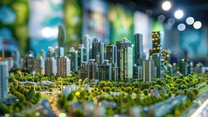 Model city showcasing green tech and focusing on model city and posters, bright fair lighting, at an exhibition fair