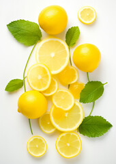 A bunch of lemons and mint leaves are arranged on a white background