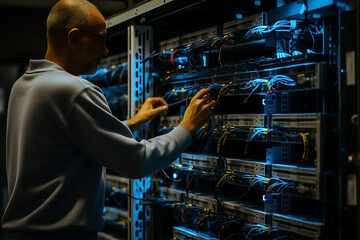 Man, engineering laptop and data center, server room inspection or system solution, coding and business network. IT person on computer for tech upgrade, gdpr programming and hardware problem solving