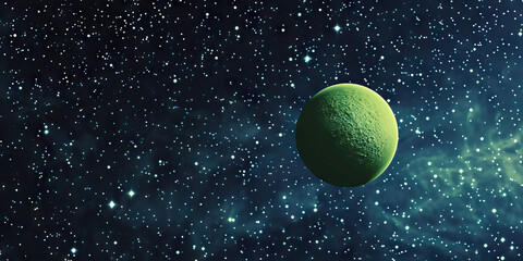 A bright green alien planet gleams amidst a vast expanse of stars