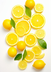 A close up of yellow lemons with green leaves