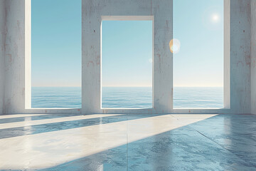 Minimalist ocean view through an open concrete frame, blending modern architecture with the serene sea landscape.