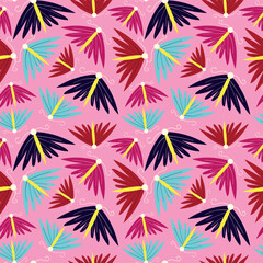 Fototapeta premium A colorful pattern of butterflies and flowers on a pink background. The butterflies are in various colors and sizes, and the flowers are also in different colors and sizes