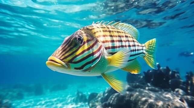 Picture of ballan wrasse swimming underwater in the sea water