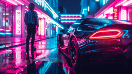 Obraz premium A man plays with his toy neon car. He was looking at his dream car.