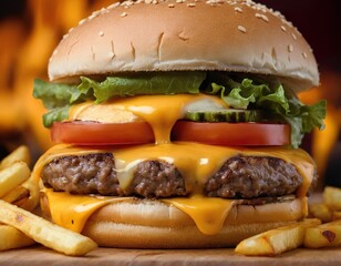hamburger with cheddar cheese fries.