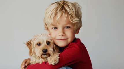 cute boy with blond hair and a beige puppy