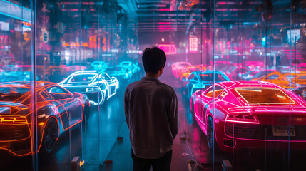 Obraz premium A man plays with his toy neon car. He was looking at his dream car.