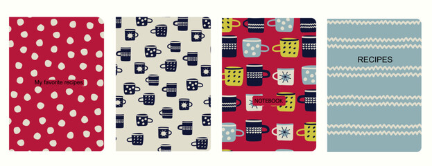 Cover page vector templates for recipe books based on seamless patterns with hand drawn fruits, vegetables, kitchen utensils Healthy fruit, vegan food concept