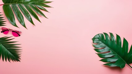 Sunglasses and Tropical Foliage , Summer Fashion and Nature Concept , Pink Background with Copy Space