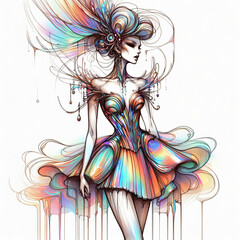 disegno schizzo illustrazione a matita e colori di figurino di moda stilizzato con abito bustino corto cangiante multicolor 