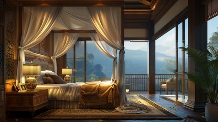 A luxurious master bedroom with a canopy bed, silk bedding, and a balcony with a view 