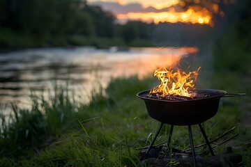 black grill with fire isolated on sunset lake background, camping weekends in nature, summer leisure time, relax and eat time