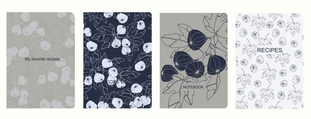 Cover page vector templates for recipe books based on seamless patterns with hand drawn fruits, vegetables, kitchen utensils Healthy fruit, vegan food concept