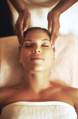 Relax, head massage and masseuse with woman at spa for luxury, calm and health pamper routine....