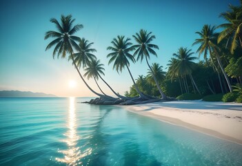 Sunny tropical Caribbean beach with palm trees, Turquoise Water, hot summer day, Summer Background, Sandy tropical beach with island on background
