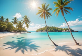 Sunny tropical Caribbean beach with palm trees, Turquoise Water, hot summer day, Summer Background, Sandy tropical beach with island on background

