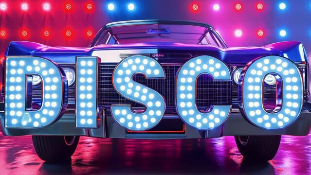 Vintage Party Concept.  Retro car with bright "DISCO" sign video background loop, perfect for vintage party and nightlife themes. 70s Nostalgia Concept