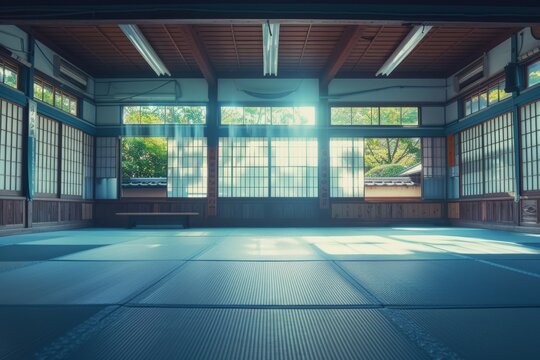 There is a room with a large window and a floor mat