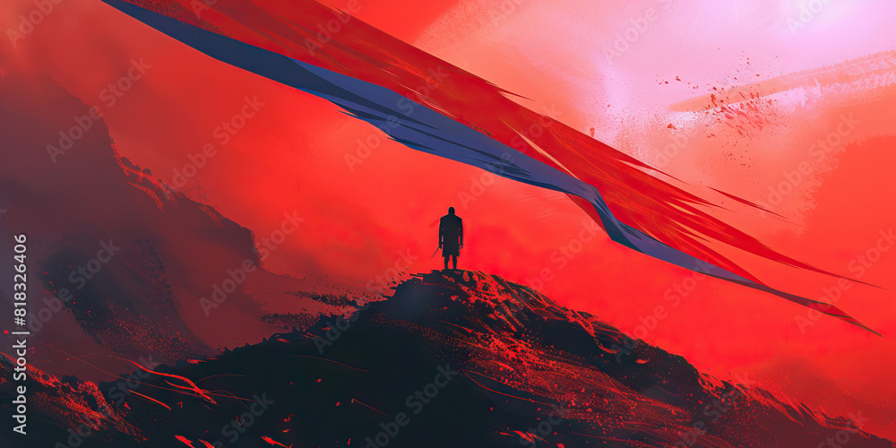 Wall mural Red Dawn of Change - Illuminated by crimson rays, a lone figure stands atop a hill, a banner of red, white, and blue fluttering in the wind.