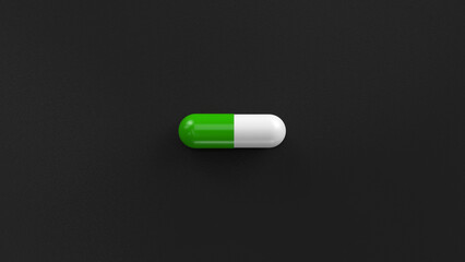 White green single pill isolated on a black background. Tablet, pill capsule top view, flat lay. 3d render illustration 