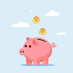 Piggy bank illustration with gold coins, savings and investment concept, simple line art on blue background. Flat vector in cartoon style.