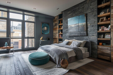 Tranquil bedroom retreat with slate walls, a wooden floor, and a soft teal ottoman, alongside...