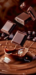 A chocolate bar is falling into a chocolate puddle