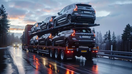 Twilight scene with a car carrier truck transporting new vehicles on a road