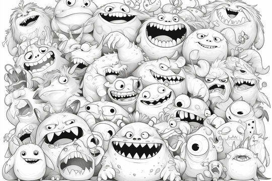 Group of Monsters in Black and White