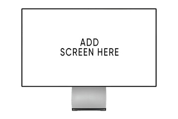 Realistic mockups of the new iMac 24 inch blank screen M1 M2 chip personal computer by Apple Computers, transparent screen, silver color on isolated white background. Apple iMac 24