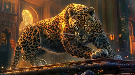 A leopard rests on an ornate golden surface surrounded by shimmering golden elements