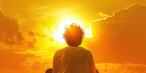 Sunset Yellow Transformation: Embrace the Light - A person sits in front of a breathtaking sunset, their back turned towards the viewer, radiating warmth and optimism in the golden yellow light