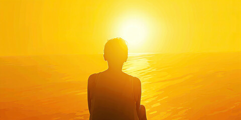 Sunset Yellow Transformation: Embrace the Light - A person sits in front of a breathtaking sunset, their back turned towards the viewer, radiating warmth and optimism in the golden yellow light