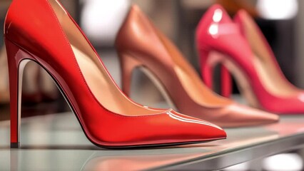  Shopping Concept. Rows of colorful high heels on display in a store, enticing shoppers with style and fashion choices.  Animation loop video background. 