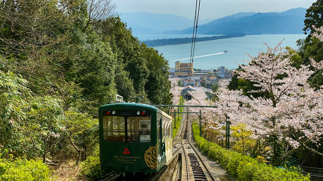 Cable car heading to the viewing spot at Amanohashidate, Japan.