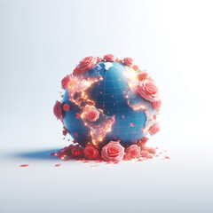 Banner Vorlage in weiß mit einem Globus Planet Erde in 3D umgeben von leuchten Lichterketten und Rosen Blumen Blüten friedliche Frühlings Schönheit als Dekoration Gestaltung Werbung Karten Grüße