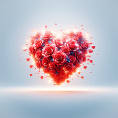 3D Herz schwebend aus roten Rosen Blüten und leuchtenden Lichtern, Logo und Symbol für Liebe zum Valentin, Valentinstag, Hochzeit, Verlobung, Freundschaft, Hintergrund Vorlage für Grußkarten Einladung