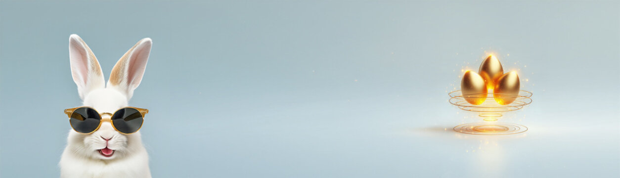 Banner Hase Osterhase mit Sonnenbrille im Hintergrund  schweben leuchtend 3 goldene Eier Ostereier, Vorlage für Ostern Feiertage mit freier Fläche zur Deko Gestaltung von Webseiten Werbung Grüße