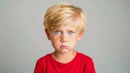 cute grumpy looking blond boy with red shirt