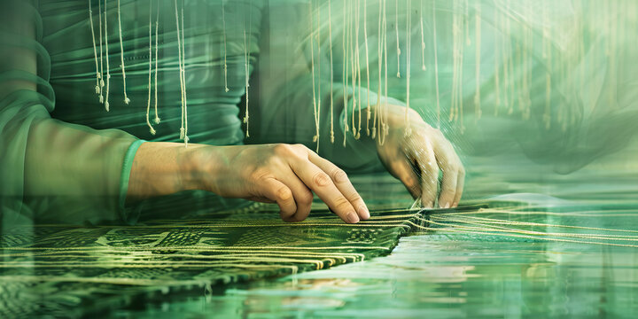 Mint Green - A woman expertly weaves intricate patterns into a tapestry, her fingers moving as gracefully as the river that flows nearby